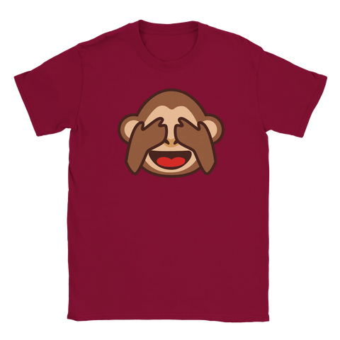 Apemoji med händerna för ögonen på en vinröd t-shirt.