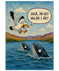 Humoristisk illustration av två valar och en mås – poster med ordvits