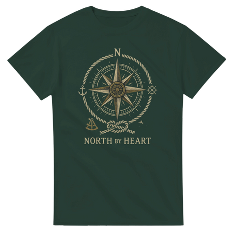 Mörkgrön t-shirt med grafiskt tryck av en klassisk kompass och texten North by Heart i retrostil.