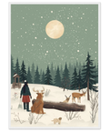 Närbild på en illustrerad person i vinterkläder som står bredvid ett sittande rådjur vid en trästock i snön.