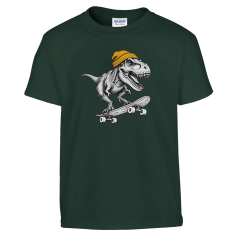 Mörkgrön barn-t-shirt med en T-Rex i gul mössa på skateboard.
