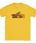 Gul t-shirt med färgstark textdesign och illustrerade tacoingredienser