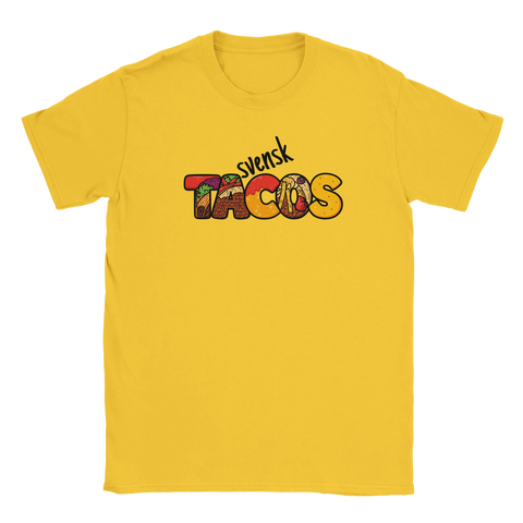 Gul t-shirt med färgstark textdesign och illustrerade tacoingredienser