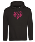 Svart hoodie med en rosa illustrerad hjärtdesign i vintagestil