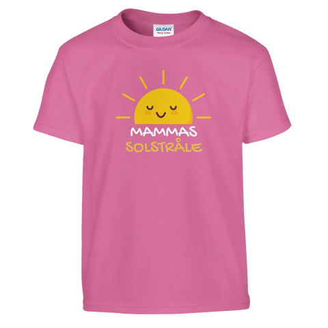 Rosa barn-t-shirt med ett glatt solmotiv i gul färg