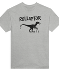 Svart text "ROLLAPTOR" och dinosaurie med rollator på grå t-shirt.