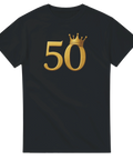 Svart t-shirt med guldfärgad siffra 50 och kunglig krona – perfekt för 50-årsjubileum och födelsedagsfirande.
