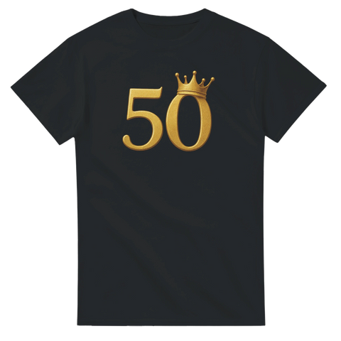 Svart t-shirt med guldfärgad siffra 50 och kunglig krona – perfekt för 50-årsjubileum och födelsedagsfirande.