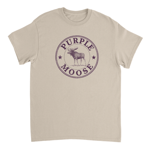 Retro logotyp med älg och stjärnor för rockfans – beige t-shirt