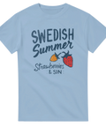 Vintage-inspirerat tryck med sol och bär på en ljusblå t-shirt