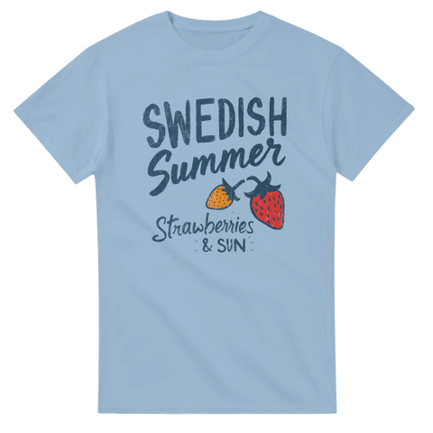 Vintage-inspirerat tryck med sol och bär på en ljusblå t-shirt