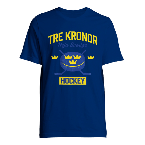 Blå supportertröja med gult Tre Kronor hockey-motiv och text