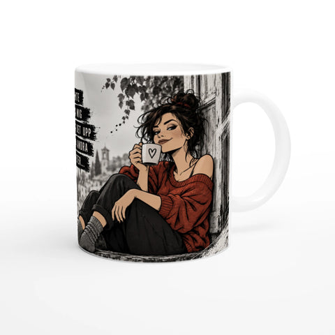 Tecknad kvinna med kaffekopp och ett finurligt leende på en mugg