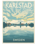 Retro travel poster av Karlstad med broar och vatten i mid-century stil