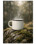 Närbild på en kaffemugg i skogsmiljö med mjuka gröna toner och stigande ånga mot en mörk bakgrund.