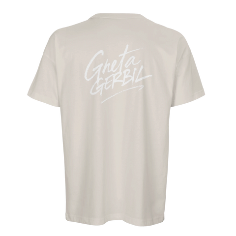 T-shirt med minimalistisk textdesign i vit penseldragstil på ryggen