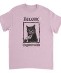 Svartvit grafik av en arg katt som biter – ljusrosa t-shirt