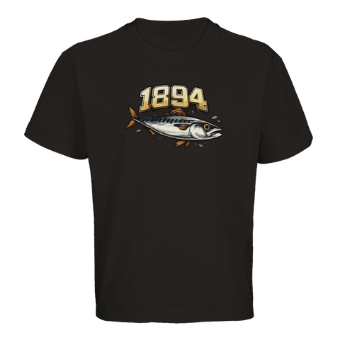 Illustrerad makrill med retroinspirerad textdesign på en svart oversized t-shirt
