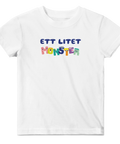 Färgglatt monster-tryck med texten Ett litet monster på vit barntröja