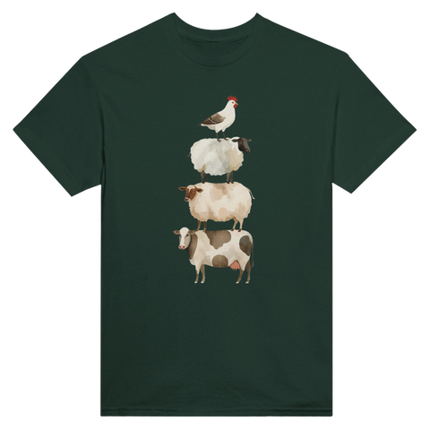 Grafiskt lantligt motiv med balanserande höna på mörkgrön t-shirt
