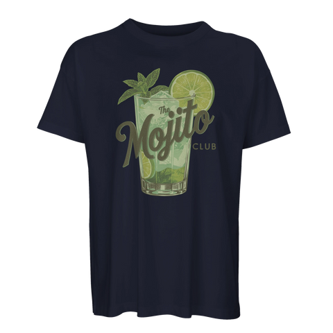 Vintage inspirerat tryck av en svalkande mojito på marinblå oversized t-shirt