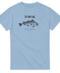 Klassisk illustration av en torsk på ljusblå t-shirt med latinskt namn
