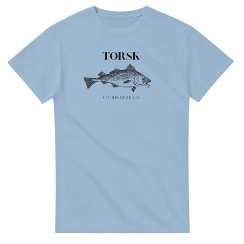 Klassisk illustration av en torsk på ljusblå t-shirt med latinskt namn