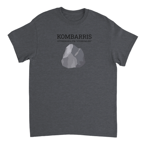 Humoristiskt tryck som förklarar göteborgska ordet kombarris på mörkgrå t-shirt