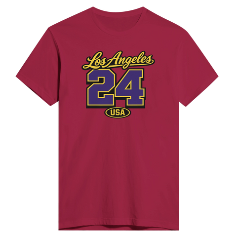 Los Angeles 24 USA-tryck i gult och lila på en vinröd t-shirt, sportig college-stil.