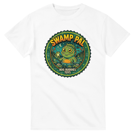 Färgglad monster-design med retrokänsla tryckt på en vit t-shirt