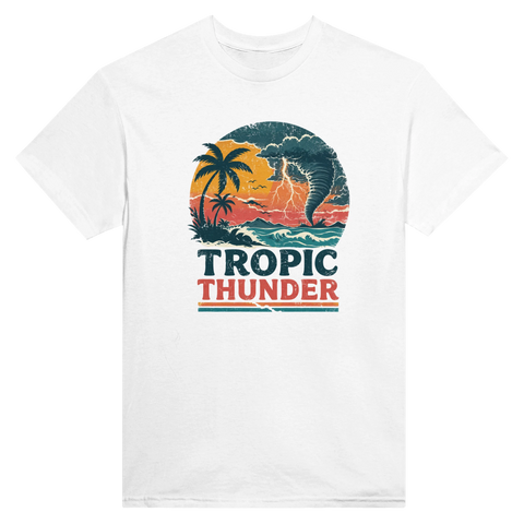 Retro illustration av tropisk storm med palmer och tornado – grafisk t-shirt
