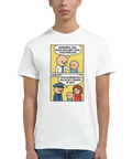 Rolig t-shirt med tryck i minimalistisk cartoon-stil på modell