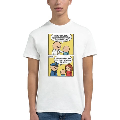 Rolig t-shirt med tryck i minimalistisk cartoon-stil på modell