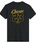 Grafiskt Chicago-motiv i guldgul och svart tryckt på t-shirt