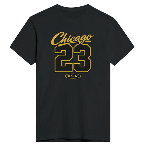 Grafiskt Chicago-motiv i guldgul och svart tryckt på t-shirt
