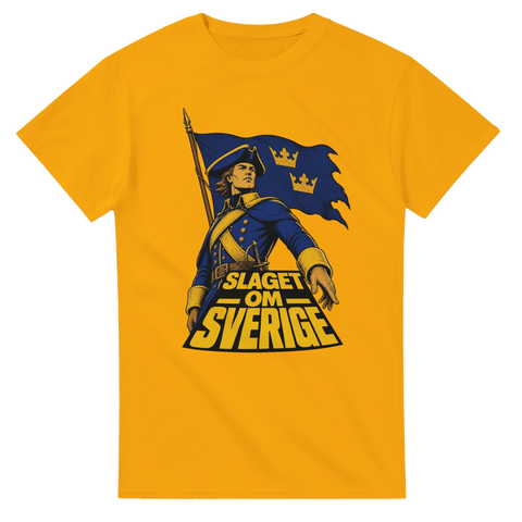 Propagandastil med texten Slaget om Sverige och karolin – vintage t-shirt