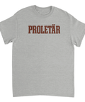 Brun grafisk text PROLETÄR på bröstet – gråmelerad t-shirt