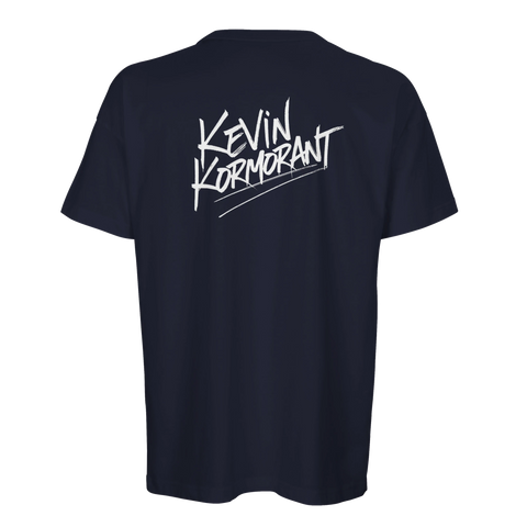 T-shirt med kaxig textdesign i vitt på mörkblå rygg