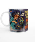 Arg forskare i laboratoriemiljö med retro science fiction-stil på mugg