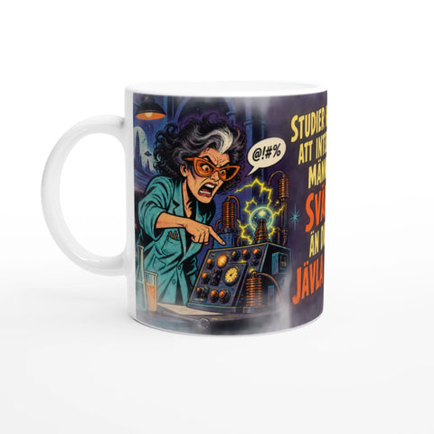 Arg forskare i laboratoriemiljö med retro science fiction-stil på mugg