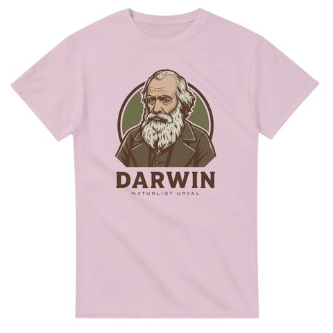 Charles Darwin illustration med texten Naturligt urval på ljusrosa t-shirt