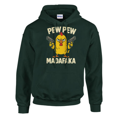 Hoodie med humoristiskt Pew Pew Madafaka-motiv