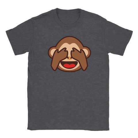 Apan som håller för ögonen emoji på mörkgrå t-shirt.