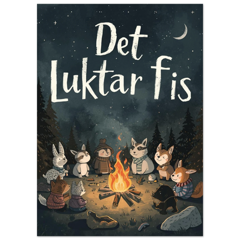 Illustration av skogsdjur runt en lägereld under en stjärnhimmel med texten Det luktar fis i vit handstil.