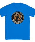 Blå t-shirt med vintage-inspirerat tryck av en pingisspelare i action