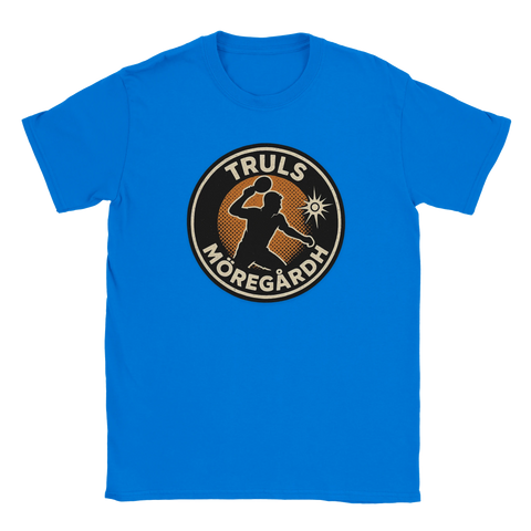 Blå t-shirt med vintage-inspirerat tryck av en pingisspelare i action