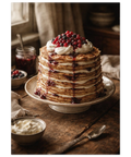 Rustik miljö med en hembakad pannkakstårta, skålar med bär och grädde på ett gammalt mörkt träbord.