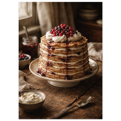 Rustik miljö med en hembakad pannkakstårta, skålar med bär och grädde på ett gammalt mörkt träbord.
