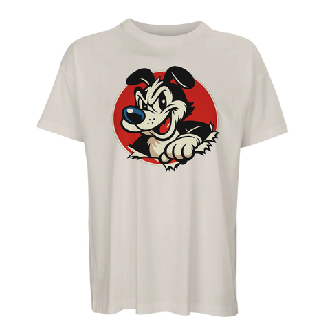 Beige oversized t-shirt med grafiskt tryck av en tuff seriehund