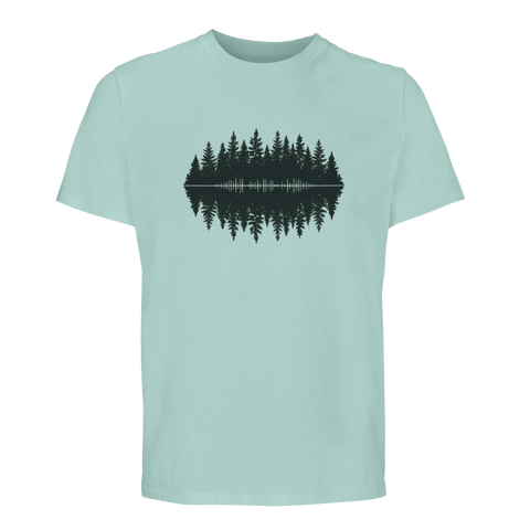 T-shirt i ljust mintgrön ton med konstnärligt naturtryck av skog och ljudvågor